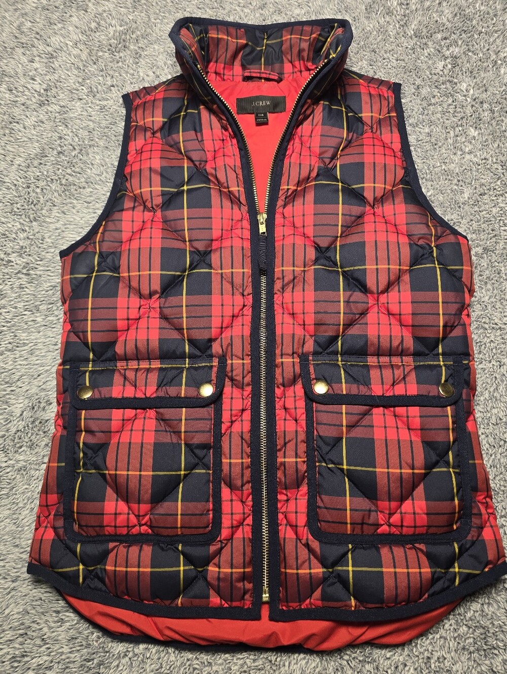 J.Crew Excursion Quilted Down Puffer Vest Tartan Plaid Red Navy